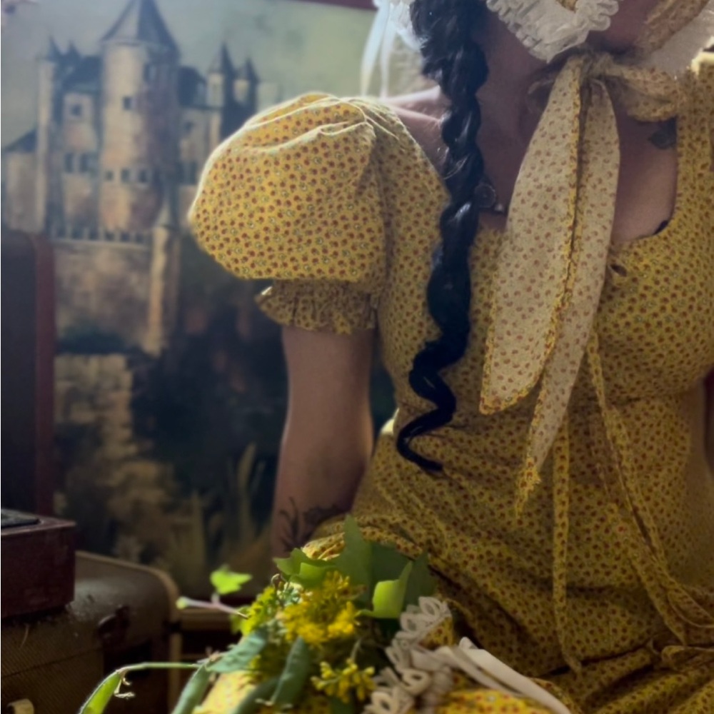 3 Piece Handmade Vintage Yellow Calico Dress Bonnet and Bag